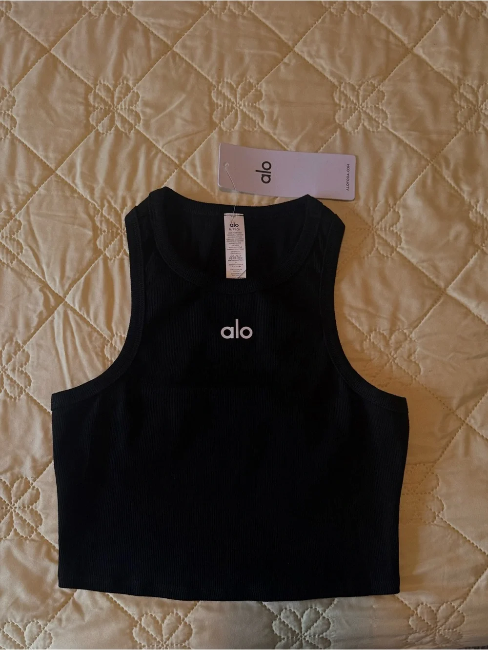 ALO Yoga Black Ribbed High-Neck Crop Tank